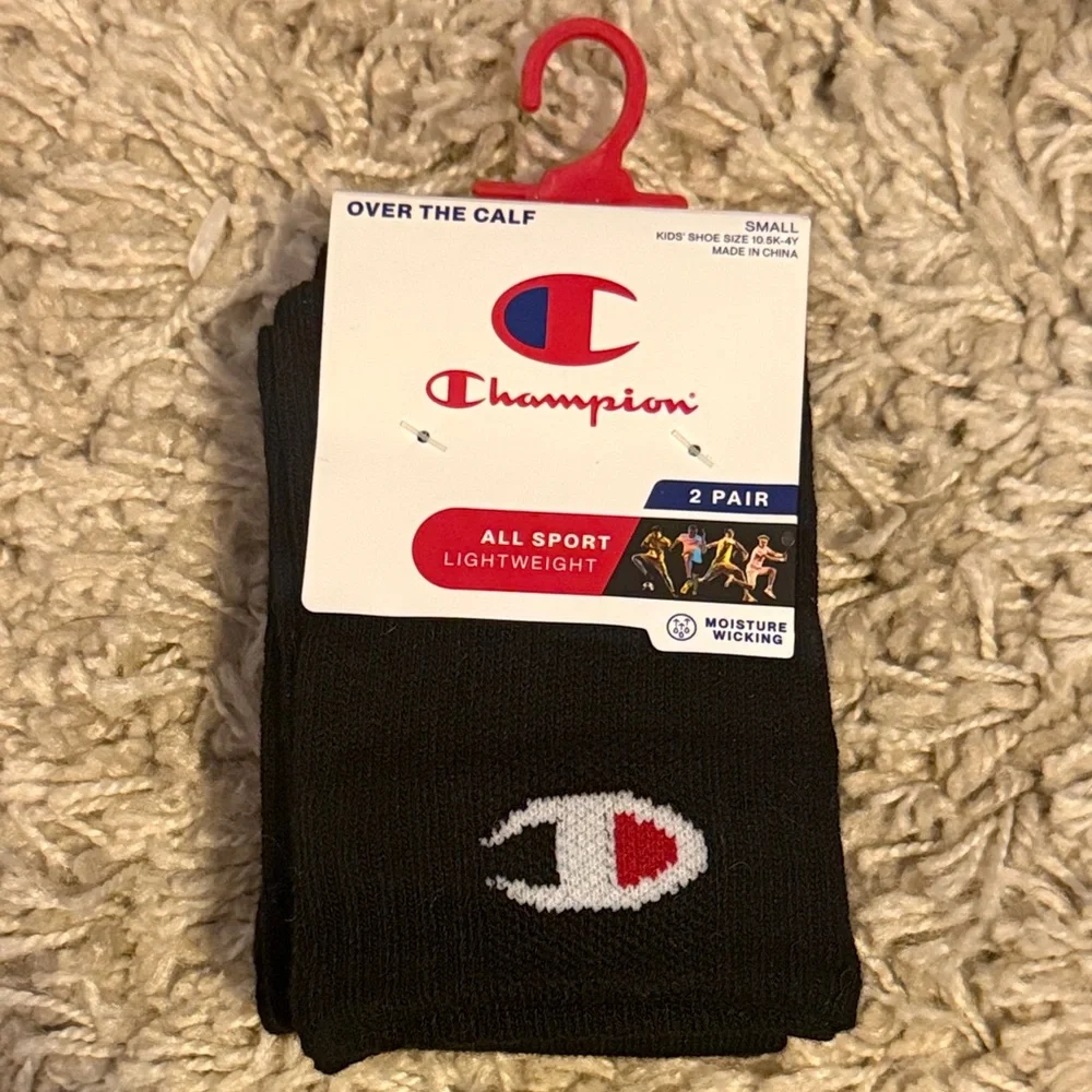 🖤 Champion Kids 2 Pair Over the Calf Lightweight Black Socks NWT